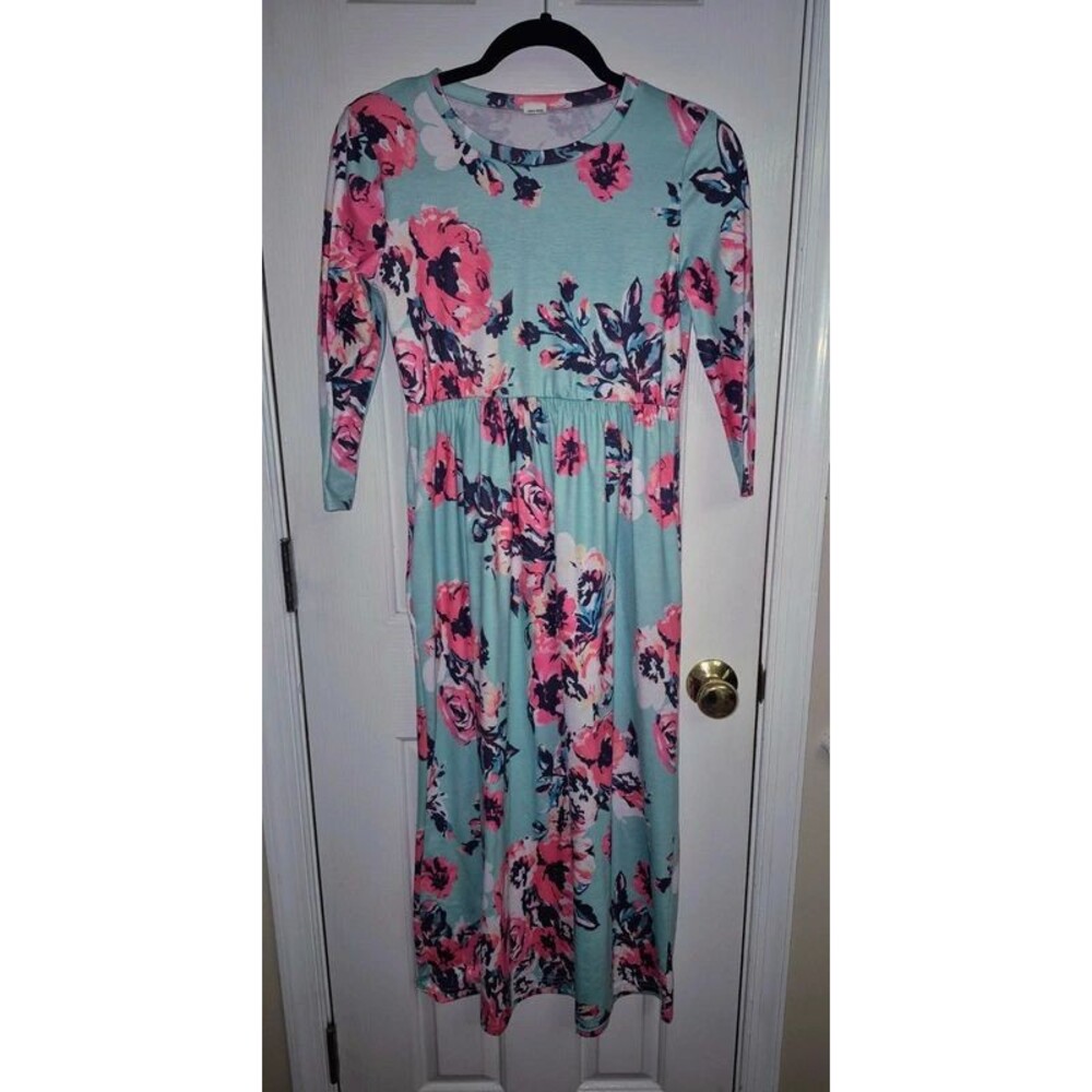 21KIDS Floral Empire Waist Maxi Dress Mint Green Pink Size 12 Girls